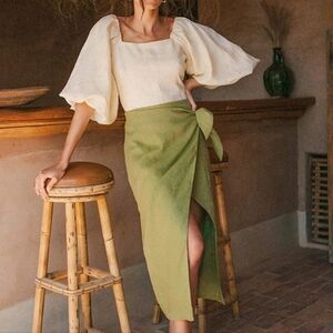 Dark Green Linen Blouse with Puffed Sleeves